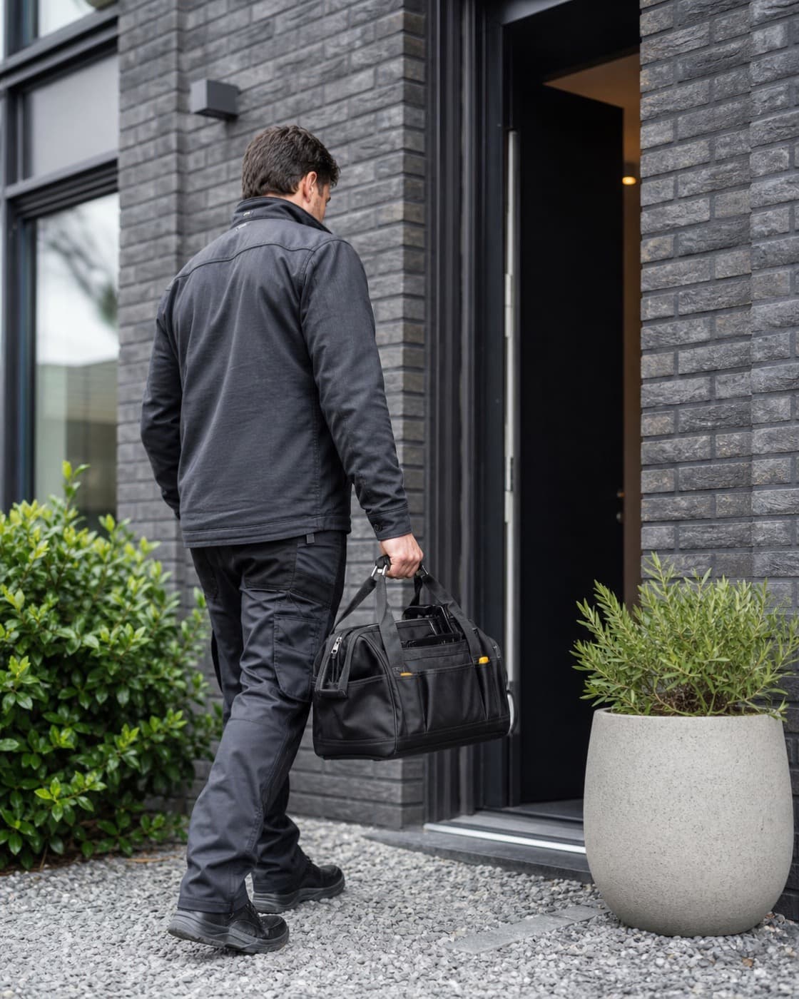 Een vakman met gereedschap bij een woning