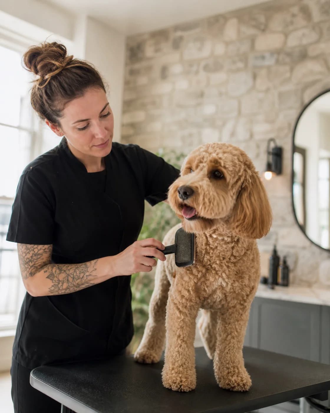 A pet groomer cares for a dog