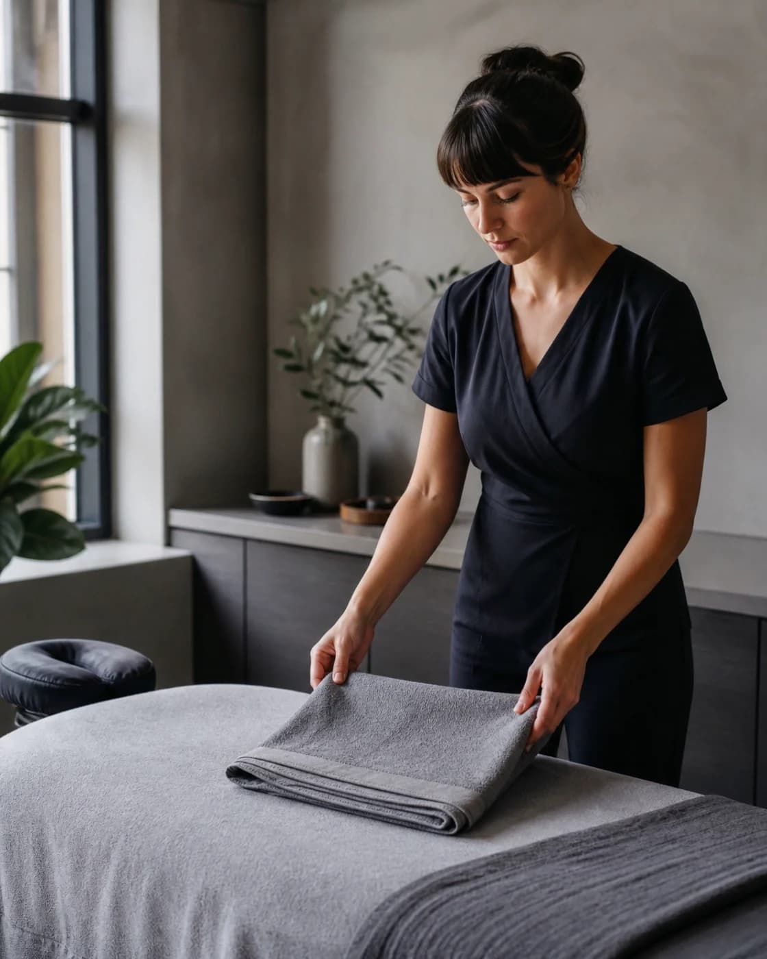 A wellness professional prepares a treatment room